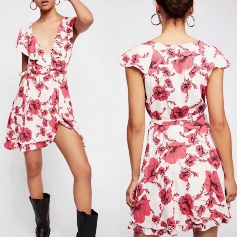 NEW Free People Ivory Pink Floral French Quarter Mini Wrap Dress Size Medium